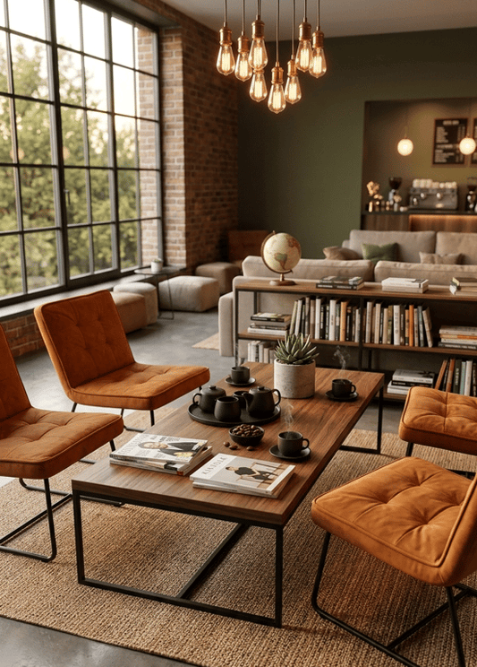 Espace informel avec fauteuils lounge en cuir cognac, table basse et bibliothèque dans un loft en brique