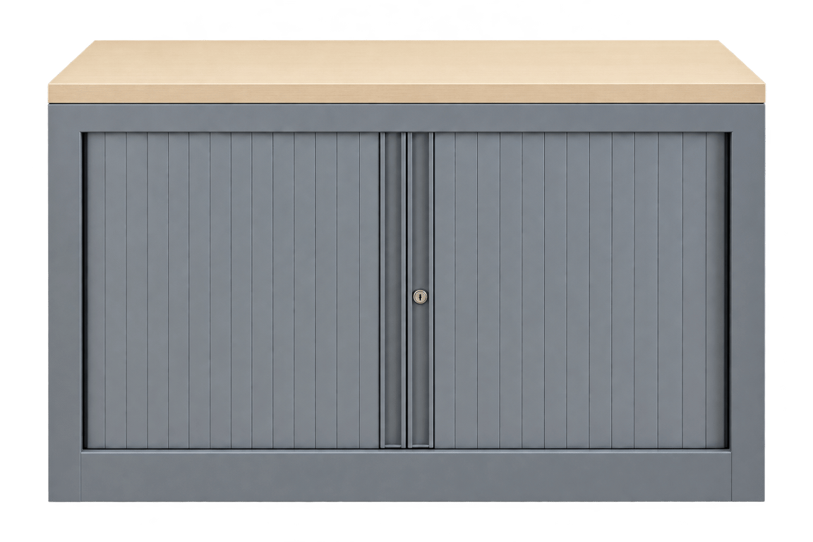 Armoire basse portes coulissantes en métal et bois clair