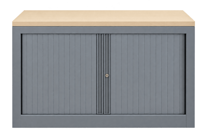 Armoire basse portes coulissantes en métal et bois clair
