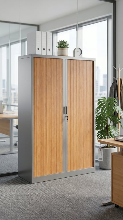 Armoire haute métal portes coulissantes acajou