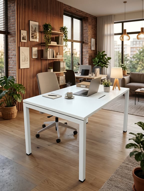Bureau droit 120x80 cm blanc bois et métal