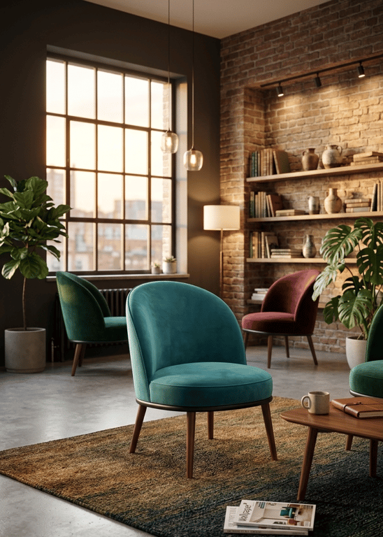 Fauteuil en Velours Bleu Marine avec Pieds en Bois