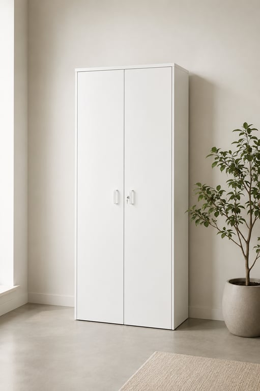 Armoire blanche à portes battantes avec clé