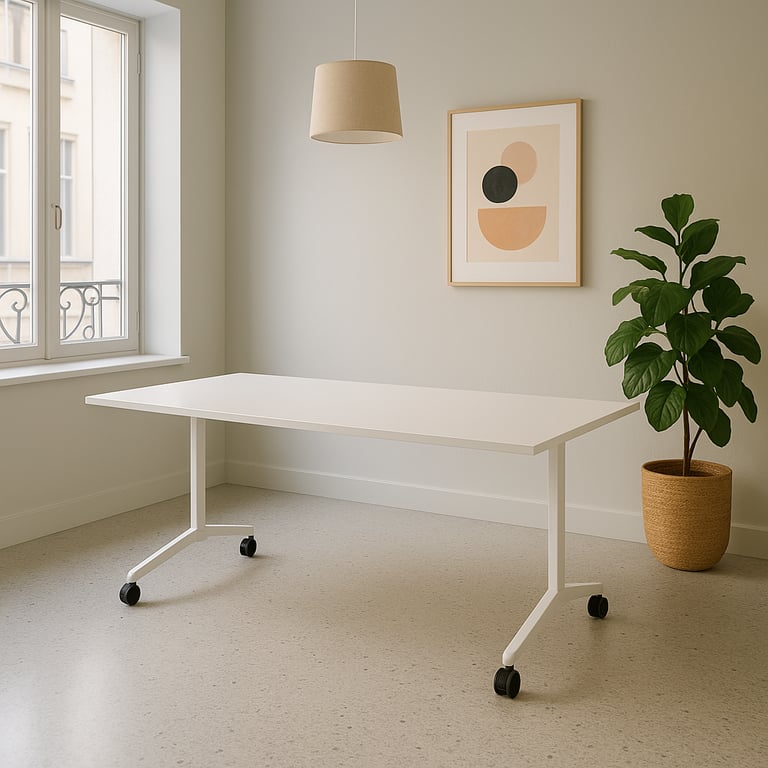 Table polyvalente rectangulaire en mélaminé avec roulettes