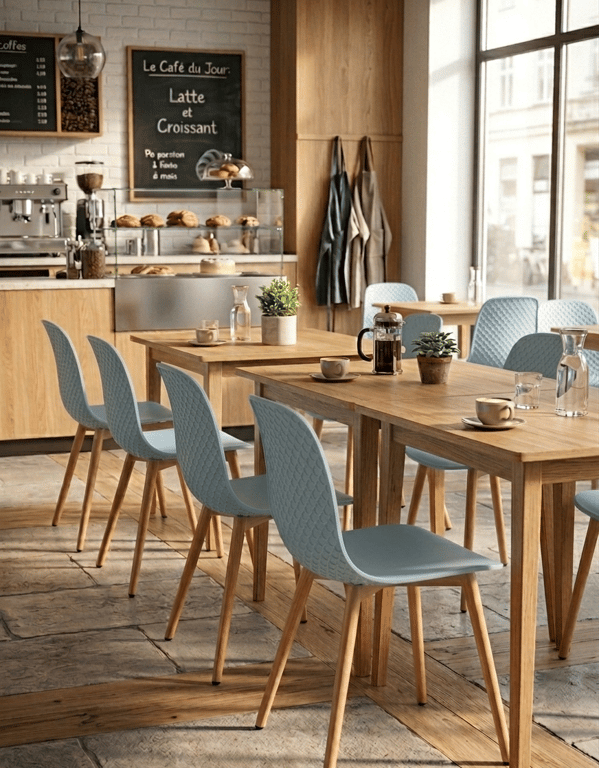 Chaise de cafétéria en bois et plastique bleu