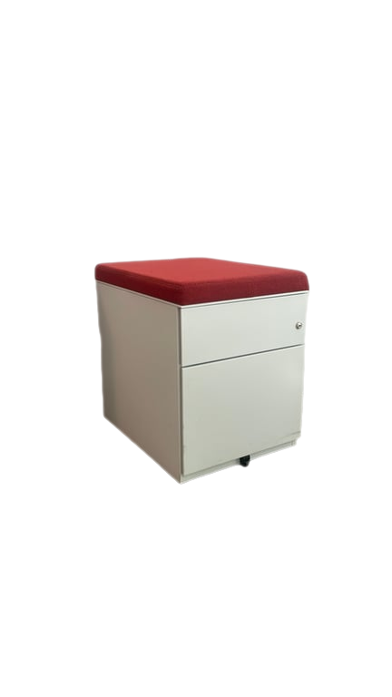 Caisson 2 tiroirs blanc avec assise rouge sur roulettes