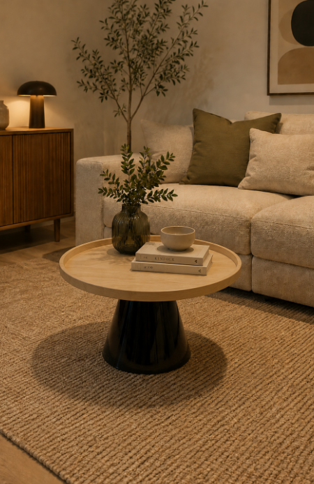 Table basse ronde en bois contreplaqué et plastique
