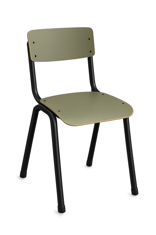 Chaise de cafétéria empilable en bois et métal, structure droite, dossier plein