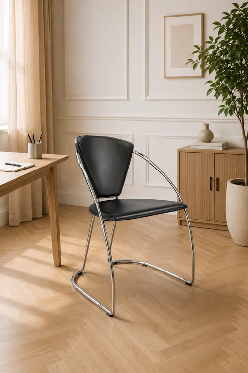 Chaise de réunion avec accoudoirs en cuir noir et piètement luge