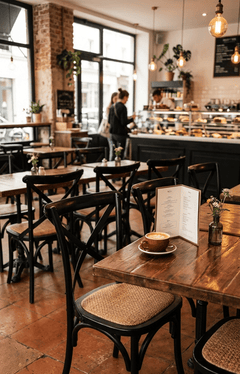 Chaise de cafétéria en bois et rotin tressé