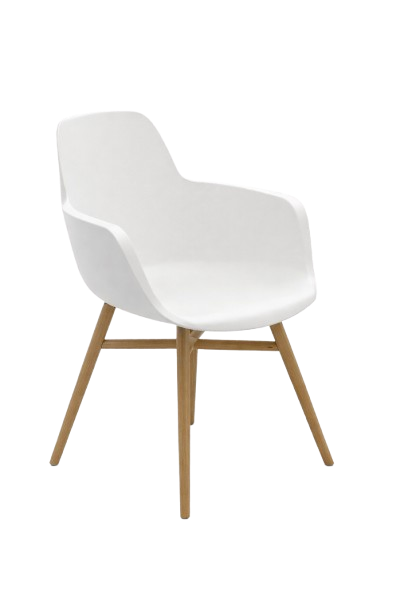 Chaise de cafétéria avec accoudoirs en bois et plastique blanc
