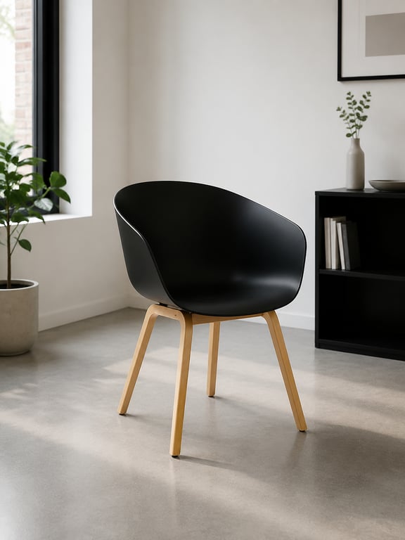Chaise de réunion - coque plastique noir et pieds couleur chêne