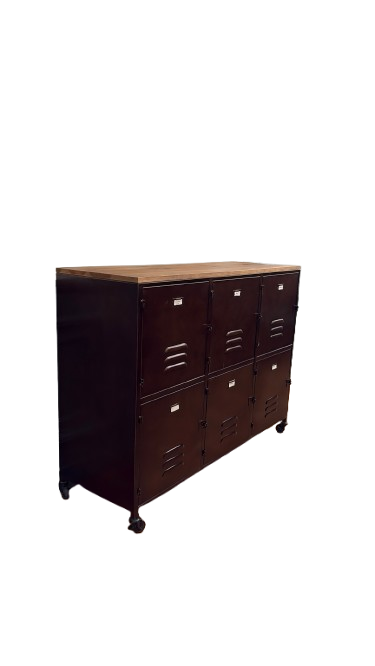 Rangement mobile en métal avec casiers et étagères en bois