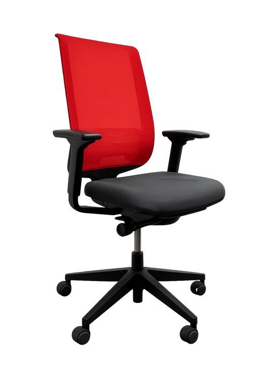 Fauteuil de bureau avec dossier en résille rouge et assise en tissu noir sur piètement en étoile