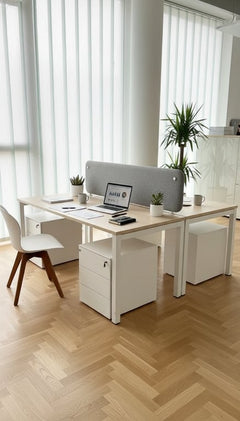 Sans marque - Bench2 places plateau bois pieds blanc - Bureau multiposte 2 places avec plateau bois et pieds blancs
