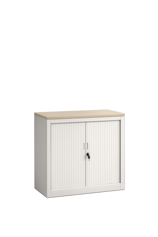 Armoire basse coulissante en métal blanc avec fermeture à clé