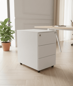 Caisson en métal blanc avec roulettes et fermeture à clé