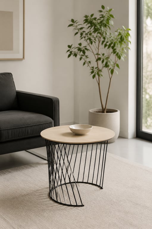 Table basse ronde métal noir et bois chêne clair