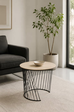 Table basse ronde métal noir et bois chêne clair