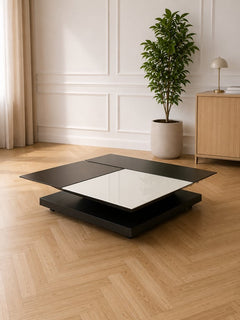 Table basse rectangulaire en verre et bois mélaminé