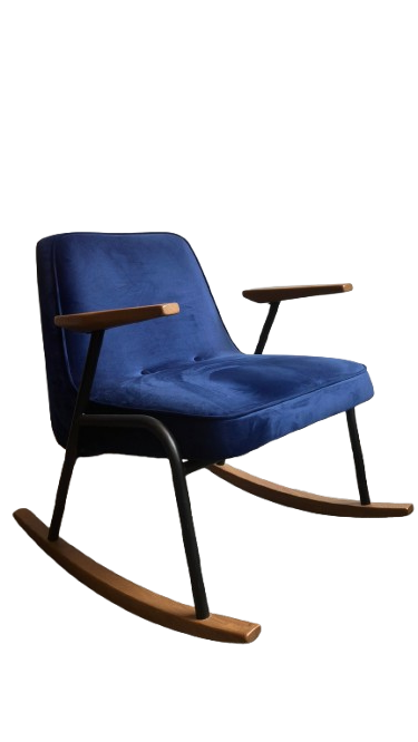 Fauteuil bleu foncé à bascule en velours avec accoudoirs