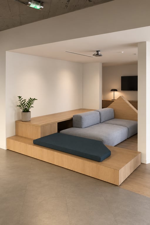 Banquette d'angle en bois mélaminé chêne
