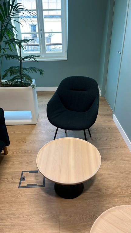 Table basse ronde en bois contreplaqué et plastique - ambiance