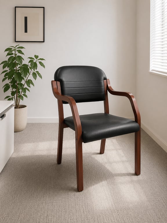 Chaise de réunion en cuir noir et bois de chêne