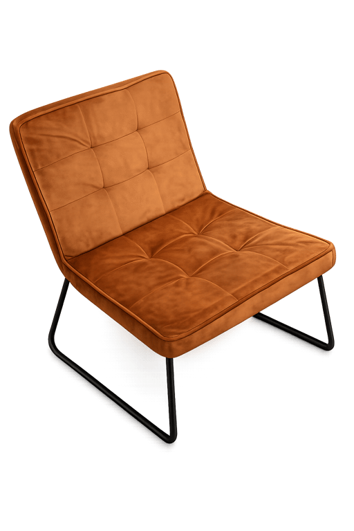 Fauteuil en velours camel avec pieds en métal noir