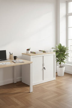 Armoire basse coulissante en métal blanc avec fermeture à clé