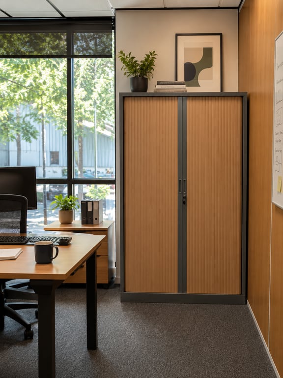 Armoire haute à portes coulissantes métal et plastique chêne
