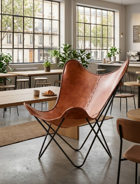 Fauteuil en Cuir Marron avec Pieds en Métal Noir