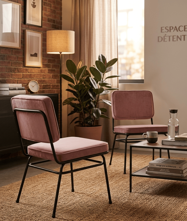 Fauteuil en Métal et Tissu Rose
