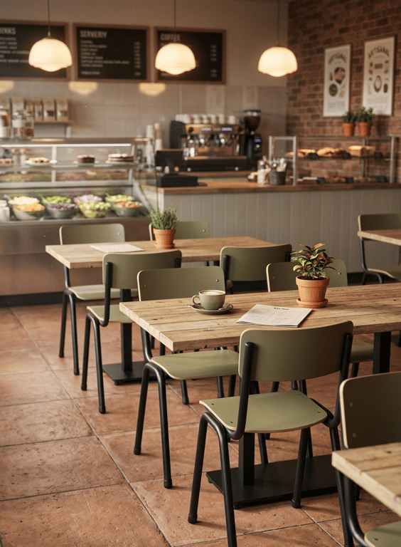 Chaise de cafétéria empilable en bois et métal, structure droite, dossier plein
