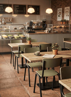 Chaise de cafétéria empilable en bois et métal, structure droite, dossier plein