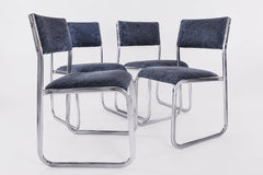 Chaise traineau en métal chromé tissu bleu