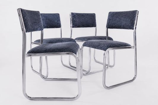Chaise traineau en métal chromé tissu bleu